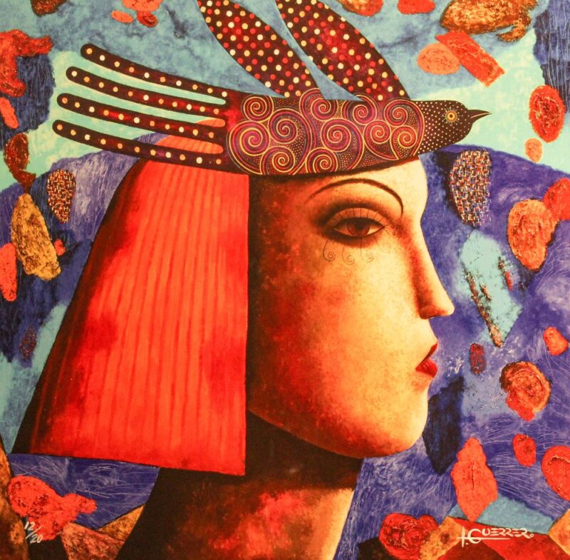 Mujer con tocado de pájaro - 50 x 50 cm